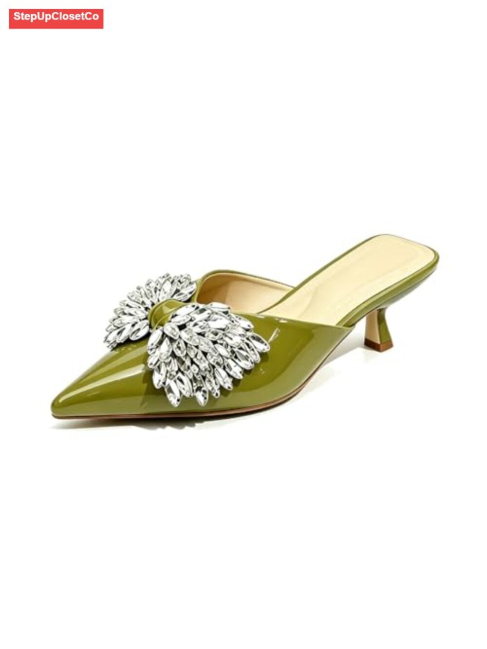 Women's Rhinestone Bow Kitten Heel Mules Pointed Toe Low Heel Slide Sandals